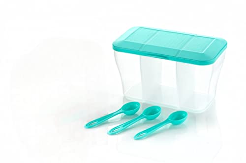 Image of HAPPI Multipurpose Plastic 3 In 1 Masala Box for Kitchen, Spice Boxes for Kitchen, Transparent 3 Section Storage Containers Airtight Dry Fruits Dabba 1100 Ml with 3 Spoons(Sea Green)