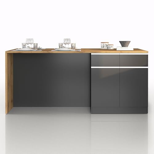 WHOUS Isola Cucina SOLE con 4 Ante e 4 Cassetti, Tavolo da Pranzo e Piano di Lavoro, Ideale per Open Space e Spazi Ridotti, 200x90x90 cm, Antracite Opaco e Rovere