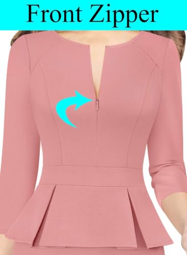 Image of VFSHOW Womens Work Business Office Front Zipper Peplum Church Sheath Dress | 3 /4 Sleeves, Elegant, Spring Fall, Church, Funeral, Slimming Fitted Bodycon Dress