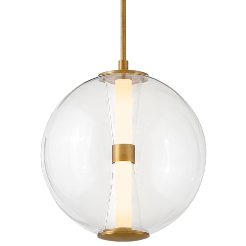 Hinkley Elin Medium Globe Pendant, Modern, Clear Glass Globe, Bold, Centrally Located Integrated LED, Lacquered Brass Finish