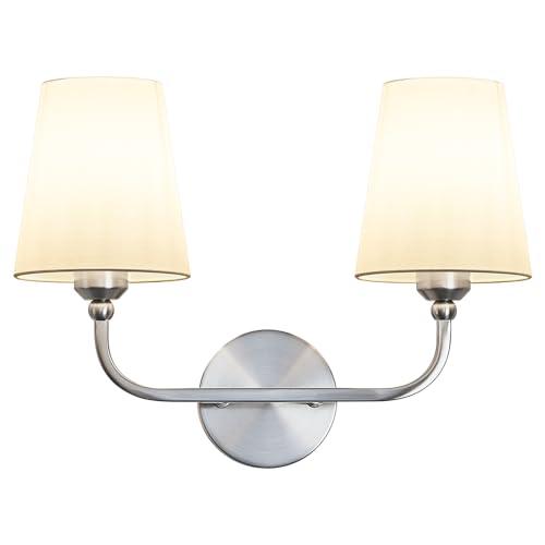 Image of Bathroom Vanity Light Brushed Nickel Bathroom Lighting Fixtures Over Mirror | 2-Light Bathroom Light Fixtures with Flared White Fabric Shade, E26 Socket (ETL Listed)