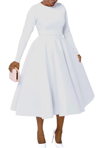 Women's Formal Church Dress Vintage Cocktail Pleated Long Sleeve A Line Dresses 1950S Cocktail Swing Maxi Dress