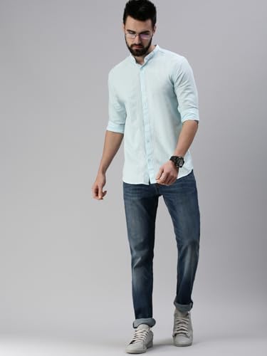 Image of SHOWOFFFF Men Solid Casual Shirt | Mandarin Collar Full Sleeves Cotton Shirt for Mens | Slim Fit Regular Length Shirt for Men's