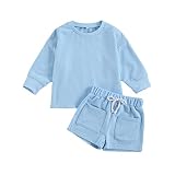 Verve Jelly Kinder Baby Junge Mädchen Sommerkleidung Langarm Sweatshirt Shorts Set mit Tasche Neutral Kleinkind Lässig Einfarbig Outfit Blau 130 5-6 Jahre