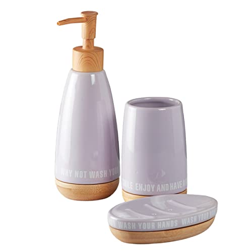 Image of SaSaSa Ceramic Bathroom Set of 3 Modern Bath Accessories Kit with Soap Dispenser, Toothbrush Holder & Dish - Stylish & Elegant Bathroom Decor, Purple (9884)