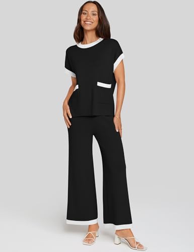 UEU Women 2 Piece Outfits Lounge Set Summer Short Sleeve Sweater Knit Tops Wide Leg Pants Matching Loungewear Set3