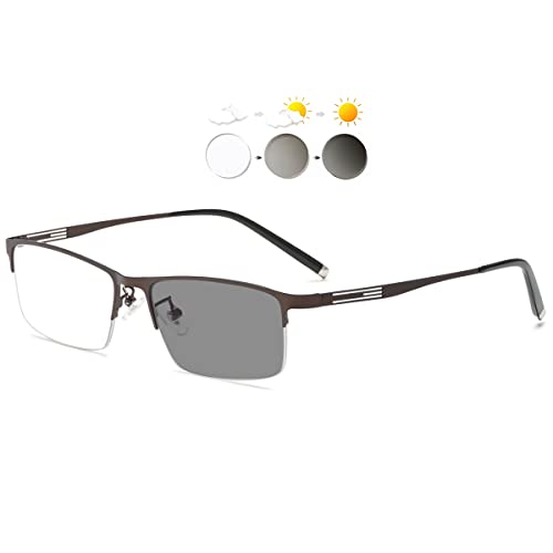 KOOSUFA Photochromic Reading Glasses Sun Readers Eyeglasses Semi Rimless Lightweight UV Protection Sunglasses Eyewear for Men Women 2 in 1 Lenses Darken In Sunlight Brown 2.0