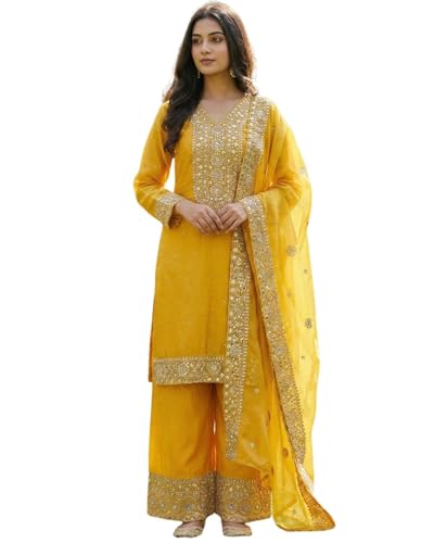 Image of JIYA'S Collection Women Eid Special Fendy Silk Embroidered Kurta Palazzo Set with Dupatta