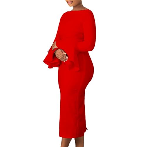 Women Fashion Solid Color Flare Long Sleeve Dress Elegant Round Neck Bodycon Midi Pencil Dress Business Party Cocktail (Color : Red, Size : Large)2