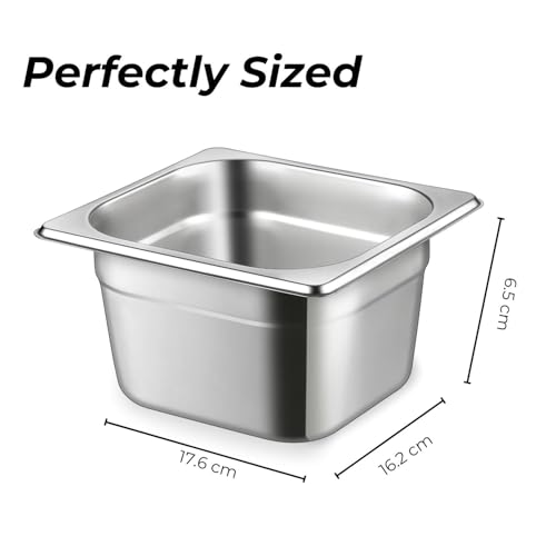 Image of HS Stainless Steel GN Pan Sixth Size 1 /6 65mm Depth 1L Capacity Anti-Jam Design 100% BIS Certified Raw Material European Standard Made in India 17.6 x 16.2 x 6.5 cm Professional Kitchen Grade