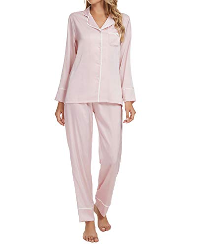 TOP-MAX Womens Silk Satin Pajamas Set Button Down Pjs Floral Long Sleeve Sleepwear Lady Nightwear Soft Lounge Sets