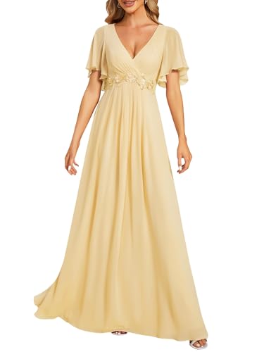 Image of Ever-Pretty Women's Chiffon V-Neck Mother of Bride Dresses A-Line Ruched Short Sleeves Appliques Bridesmaid Dress Formal Gown