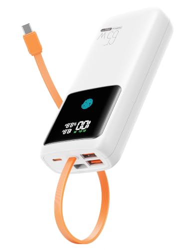 Image of Portable Laptop Charger 24000mAh 65W w /USB C Built-in Cable White | 65W Fast charging, LED display, Charge 4 devices at once, Pass through, TSA approved, Compatible with Macbook /Notebook /iPhone