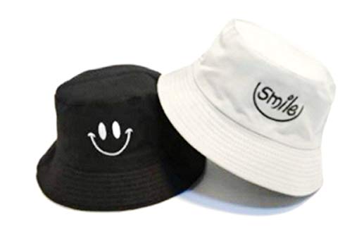 ThailandGoods Cotton Bucket Hat with Embroidered Smile Reversible Double-Sided Outdoor Summer Cap, Hiking, Beach, Sports (Black&White)