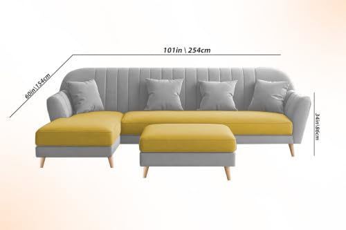 Image of Atticus LHS 6 Seater L Shape Sofa Set with Ottoman Living Room (Yellow Grey Colour Fabric) Premium Fabric Sofa Set for Living Room