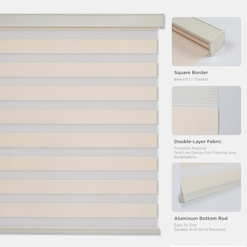 Joydeco Cordless Zebra Blinds for Windows, Dual Layer Light Control Window Blinds with Light-Proof Aluminum Cover, Free-Stop Roller Shades for Home & Office (Beige,72" W x 75" H)