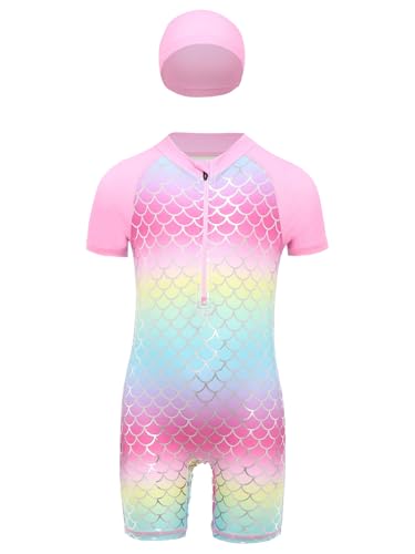 Kids Short Sleeve Zippy Swimwear Girls Mermaid Swimsuit Dress with Swim Hat Bathing Suit