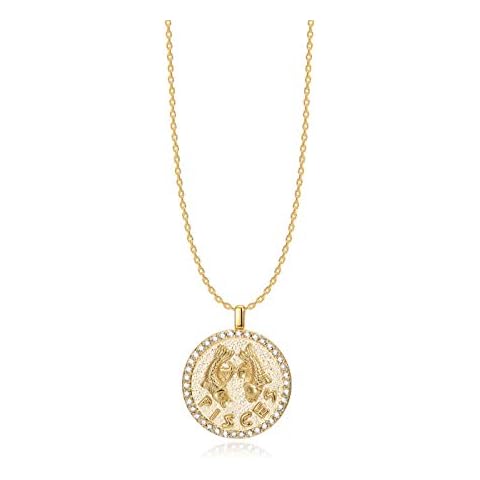 Constellation Necklace Pendant 14K Gold-Plated Hammered Round Disc Engraved Zodiac Sign Pendant 16.9’’ Adjustable Dainty Necklace (Pisces) Cover