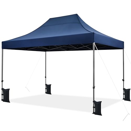 Yaheetech Heavy Duty Pop Up Canopy Tent, 10x15 Commercial Instant Shelter Tent, Outdoor Adjustable Canopy with Wheeled Bag, 4 Sandbags & 8 Stakes, Navy Blue