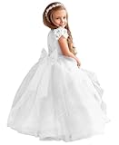 McieloLuno White Bow-Knot Lace Flower Girl Dresses for Wedding Birthday Party 1st Communion Dress Puffy Tulle Pageant Ball Gonws for Kids Size 8
