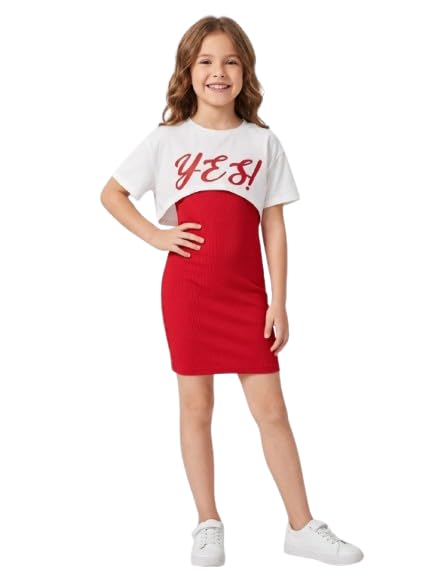 Image of Kids Cami Bodycon Dress | Short Dress for Baby Girls | Girl's Polyester Sleeveless Cami Bodycon Dress with Half Sleeves Crop Top