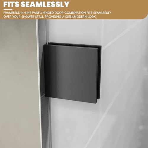 Bathroom Shower Glass Door Panel, 34" W×74" H Fixed Frameless Shower Glass Door, 5/16"(8mm) Thick Clear Tempered, Matte Black Finsh