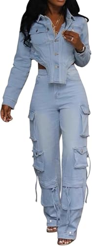 Women Sexy Distressed 2 Piece Denim Set Casual Long Sleeve Crop Y2k Jacket Straight Wide Leg Cargo Jeans Outfits