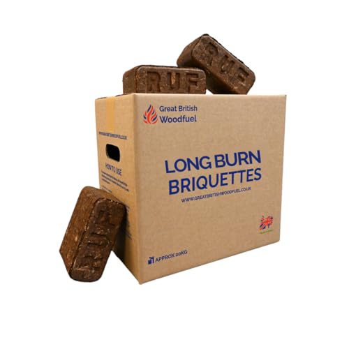British Woodfuel Long Burn Briquettes 20 pack Box - Softwood Bark Solid Fire Fuel for Wood Burning Stoves & Multi-fuel Appliances Long Burning Eco-friendly Sustainable