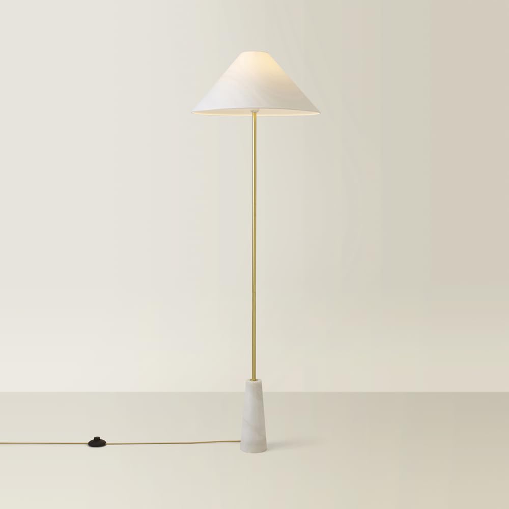 ValueLights | White Marble Base Floor Lamp with a Linen Tapered Lampshade Living Room Light | Floor Lamps, Home Décor & Improvement Essential | Included LED Bulb