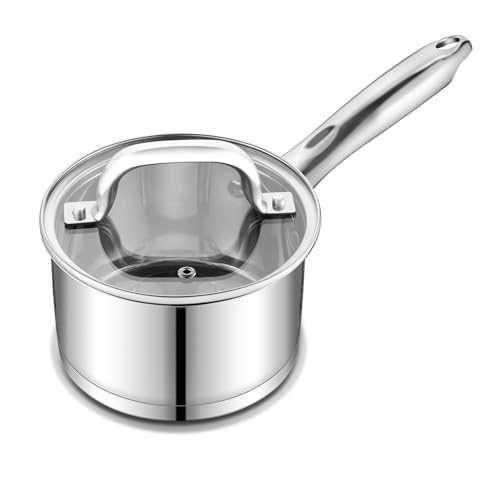Onader 14cm Saucepan, Stainless Steel Tri-Ply Base Milk Pan with Glass Lid, Induction Cooking Pan Suitable for All Kitchen Cooktops, Non-Toxic & Heavy Duty & Easy Clean - 1L