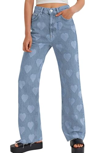loveimgs Women Slim Distressed Straight Leg Jeans Heart Print Denim Pants Love High Rise Wide Leg Flared Pull On Jeans