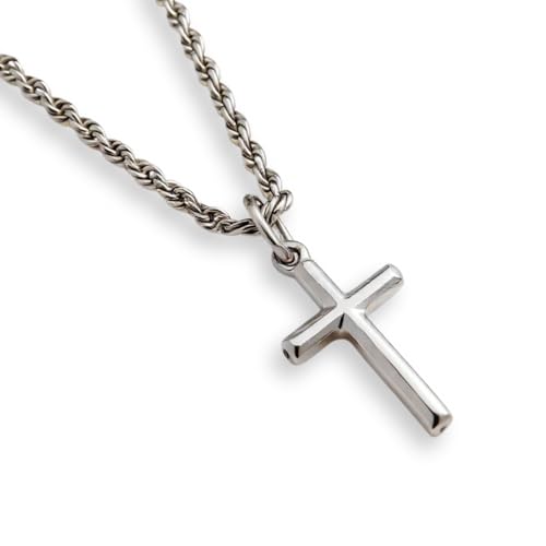 DVRK® Collar Cruz Hombre Plata sobre Base de Acero Inoxidable 316L - Cadena Cruz Hombre Resistente al Agua y al Sudor - Colgante Crucifijo - Rosario - Regalo