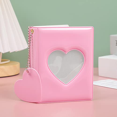 3 Inch Kpop Photocard Holder Book Mini Photo Album Mirror-like Photocard Binder Small Photo Card Book Love Heart Hollow Photocard ID Holder with Love Heart Pendant 32 Pockets,Pink