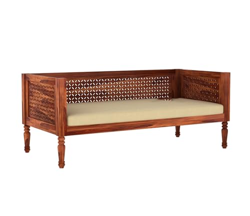 Image of ONIJA Solid Sheesham Wood Diwan Sofa Cum Bed Without Cushion | Traditional Wooden Daybed with Carved Backrest | 3 Seater Sofa for Living Room, Bedroom & Home (Honey Finish)