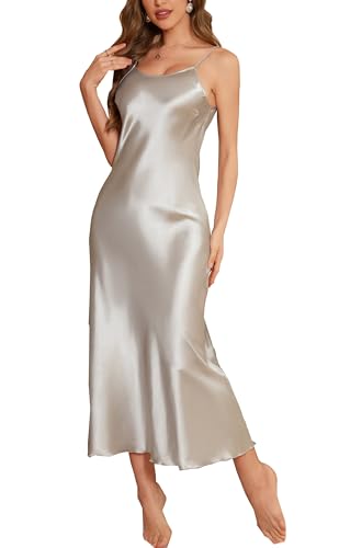Mesduri Elegantes Satin Nachthemd für Damen Langes Negligé mit Spaghettiträgern Einfarbige Camisole Nachtwäsche (Hellgrau, XXL)