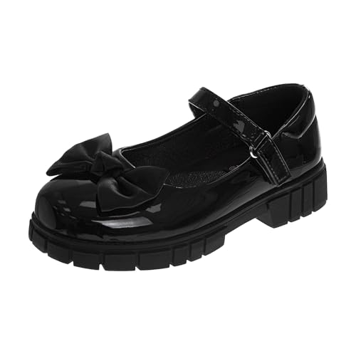 Girls Chunky Mary Jane Dress Shoes Faux Patent Leather School Uniform Shoes with Lug Sole- Black Shine Size 11 Little Kid