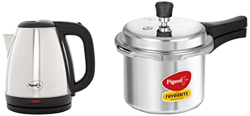 Pigeon by Stovekraft Favourite Induction Base Aluminium Pressure Cooker with Outer Lid, 3 litres (Si & Amaze Plus 1.5 Litre Electric Kettle, Black Combo