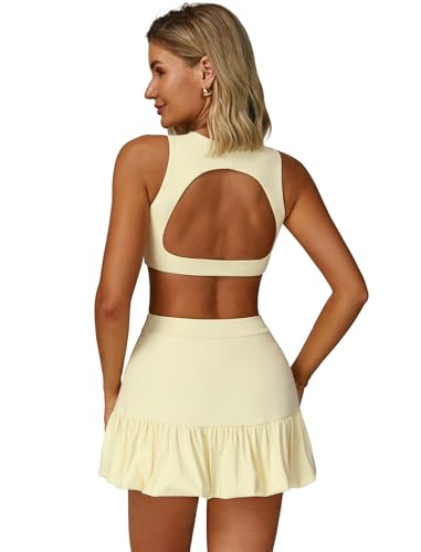 2 Peice Tennis Dress for Women Compression Sleeveless Cutout Sports Bra and Bubble Skirt Active Yoga Golf Outfits2