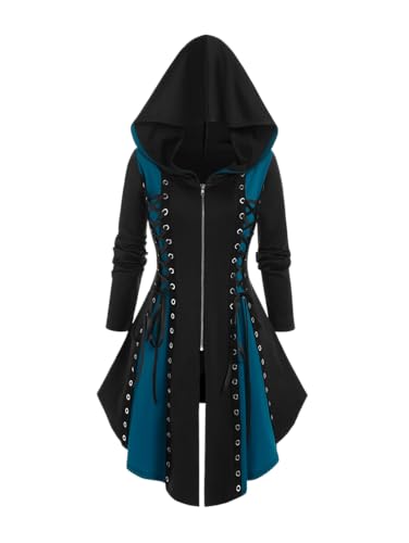 Rosegal Womens Plus Size Hooded Lace-up Grommets Color Block Gothic Zip Front Asymmetrical Hem Long Sleeve Top(Blue_2/2X)