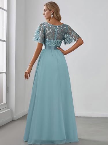 Mother of Bride Dresses for Wedding Leaf Sequin Formal Dress Tulle Short Sleeves Chiffon V Neck Evening Gowns2