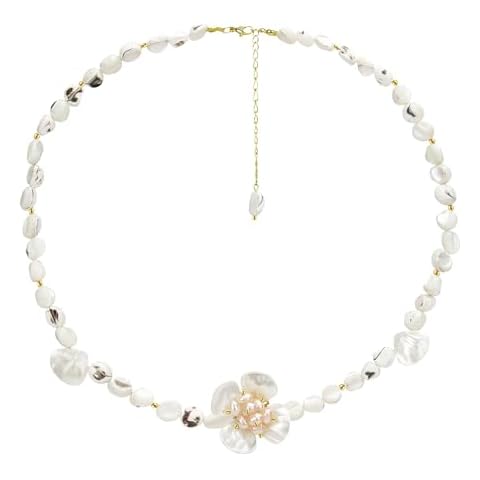 ELEXIS 18K Gold White Flower Mother Pearl Necklace For Women Handmade Dainty Simple Leaf Pendant Natural Freshwater Pearl Jewelry Wedding Trendy Charm Wifey Birthday Gifts Bridesmaid Hanging Cover