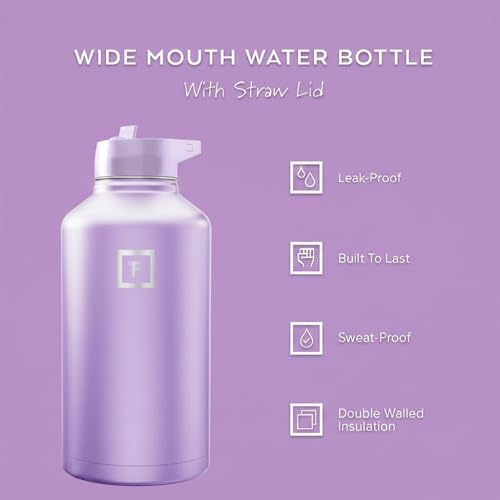Image of IRON FLASK Camping & Hiking Hydration Flask with Straw, Wide Mouth Insulated Stainless Steel Sports Water Bottle - Lavender 64 oz - Straw (1 Lid)