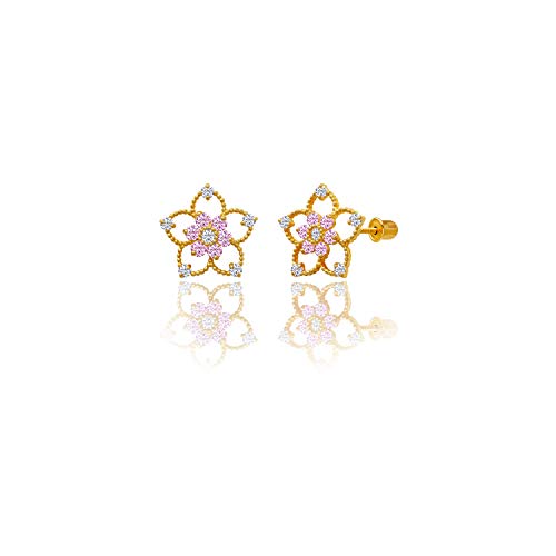 Stephanie Rockway 14kt Solid Gold Kids Flower Stud Screwback Earrings- Pink