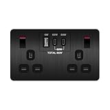 LIDER 2-Gang Switched Socket, USB TYPE C&A, LED Power Indicator, Power Delivery Fast Charging, Output 65W, PD 60W Max USB-C, Stainless Steel, UKCA Certified, Brushed Black (Use a 35mm-deep back box)