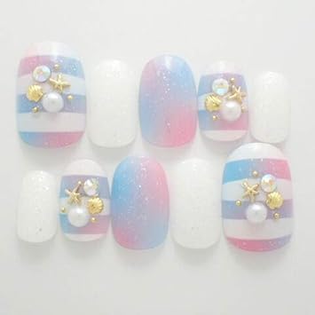 Amazon Co Jp Dinaネイル ピンクブルーボーダー レギュラーポイントm 番 ネイルチップ ビューティー