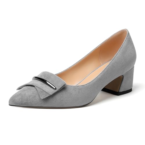 Elashe Escarpins Femme Petit Talon Confortable Bout Pointu 5 cm Block Heel Chaussure Chic Suede Gris EU39