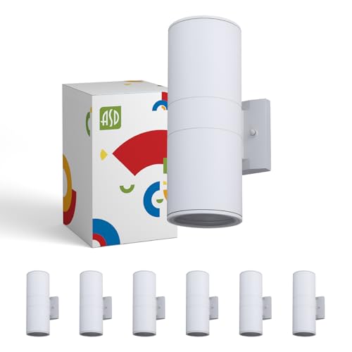 ASD 2 Light Outdoor Wall Light Fixture | 120W E26 Bulb Socket 120V ETL Cylinder Up Down Lights | LED/CFL/Incandescent Bulb Exterior Wall Sconce | Front Door, Porch, Patio Lighting | White, 6 Pack