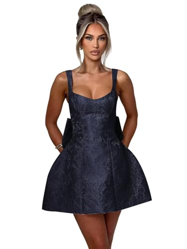 Image of Plus Size Satin Short Homecoming Dresses for Teens A Line Navy Blue Spaghetti Straps V Neck Lace Up Mini Prom Party Gown with Bow 2025 US16W