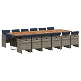 WDSAYREH 13 Piece Patio Dining Set with Cushions, Gray Poly Rattan Outdoor Furniture with Folding Chairs and Acacia Wood Table