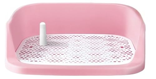 Fiozwea自動洗浄・防滴・自動水洗犬用トイレ、大型ペット用品、ステップダウン式壁掛け式、水はね防止、取り付け簡単、洗えるペットトレーニングトレイ (ピンクの背景に白いメッシュのフェンス,50X40X13cm)